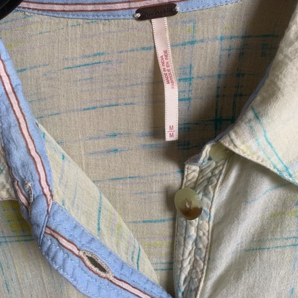 Free People Shore Vibes Lemon Yellow and Blue Plaid Sheer Beachy Shirt M - Picture 2 of 11